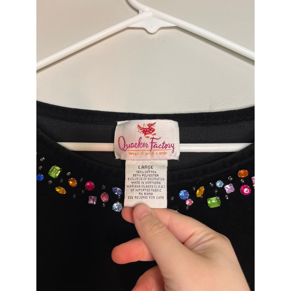 2000s Quacker Factory Black Velvet Rainbow Gemstone Sparkle Boat Neck Shirt L - Picture 2 of 5